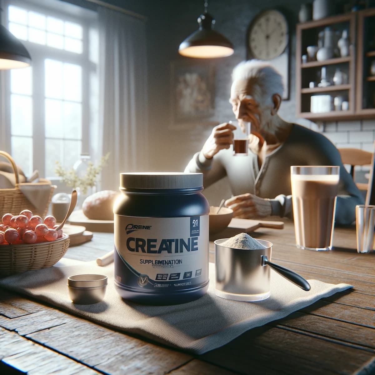 Idoso fazendo exercícios com suplemento de creatina