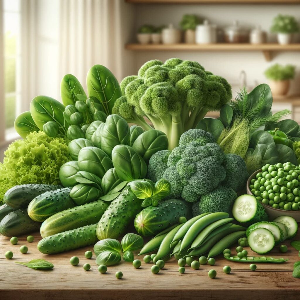 Prato colorido com alimentos verdes saudáveis como couve, espinafre, brócolis e rúcula.