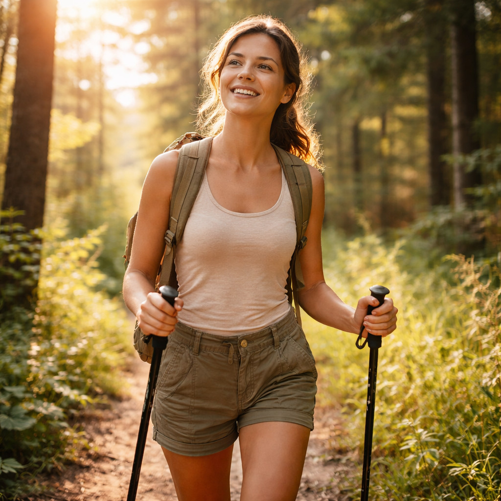 Pessoa caminhando em um parque natural rodeado por árvores e flores