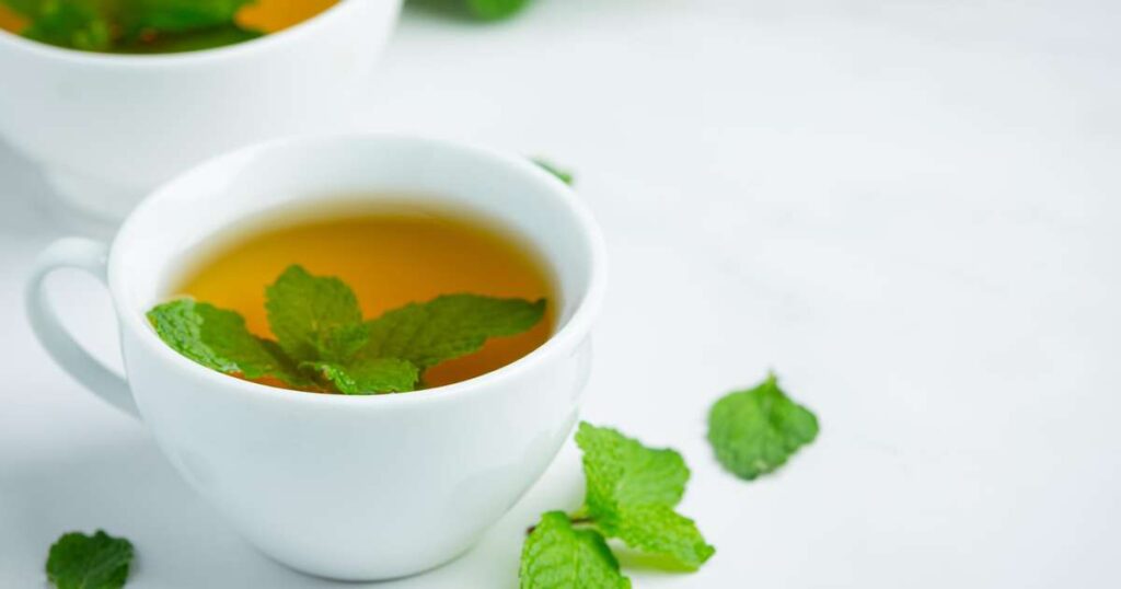 Xícara de chá de hortelã com folhas frescas ao redor