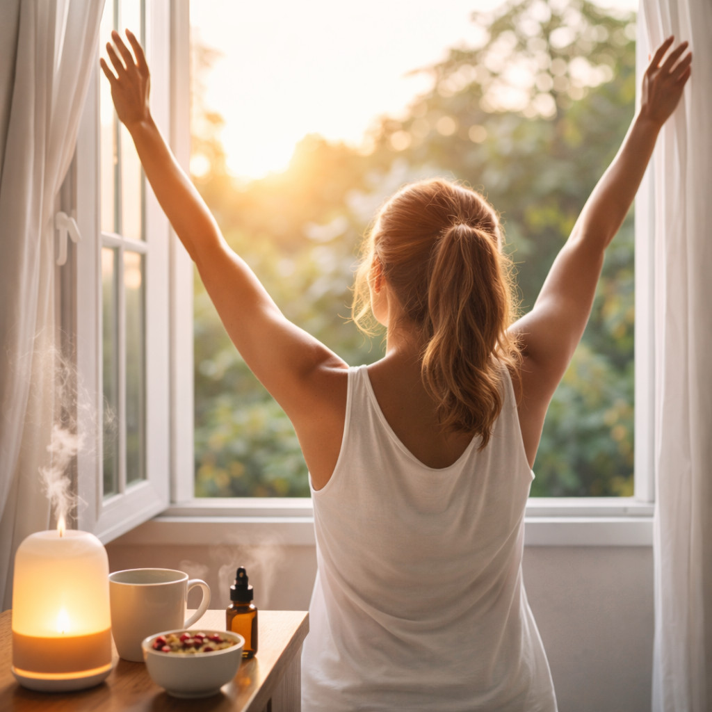 Pessoa praticando meditação ao amanhecer, rodeada pela natureza