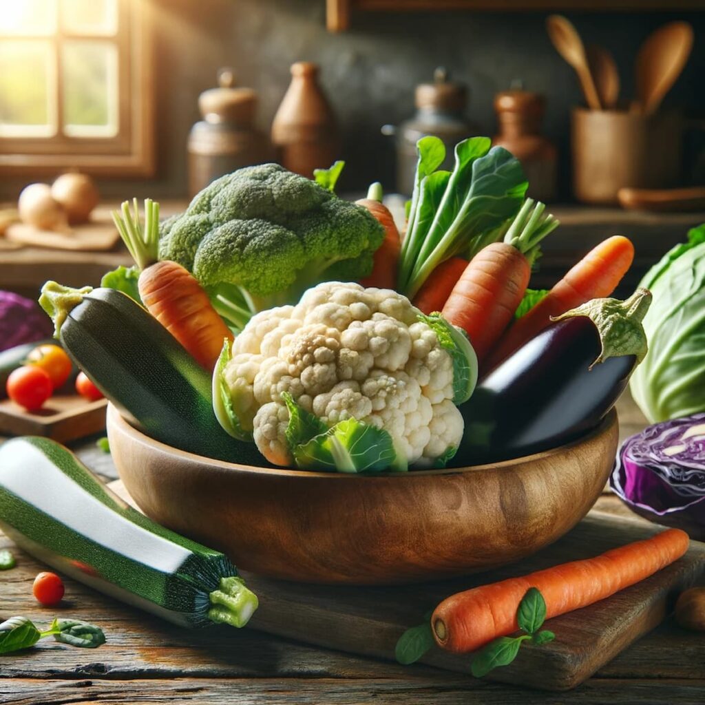 Cinco legumes com baixo índice glicêmico: abobrinha, repolho, couve-flor, cenoura e berinjela dispostos em uma mesa