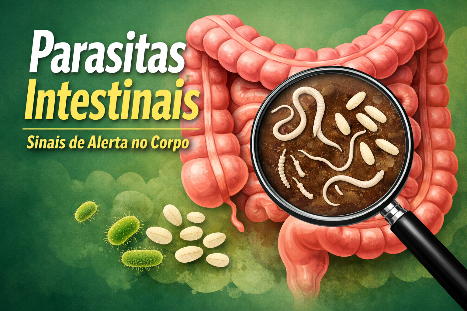 Parasitas intestinais no intestino humano ilustrando vermes que podem causar infecção intestinal