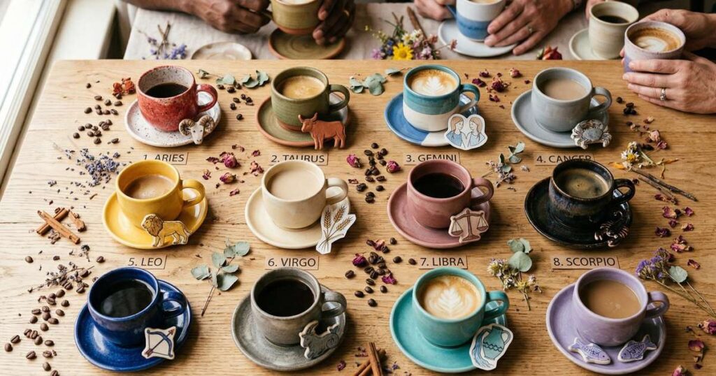 Cápsulas de café e astros representando a conexão entre café e signos lunares.