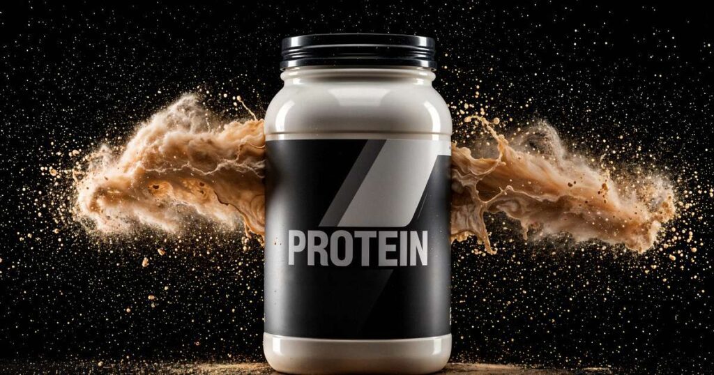 Suplemento Whey Protein ao lado de alimentos saudáveis