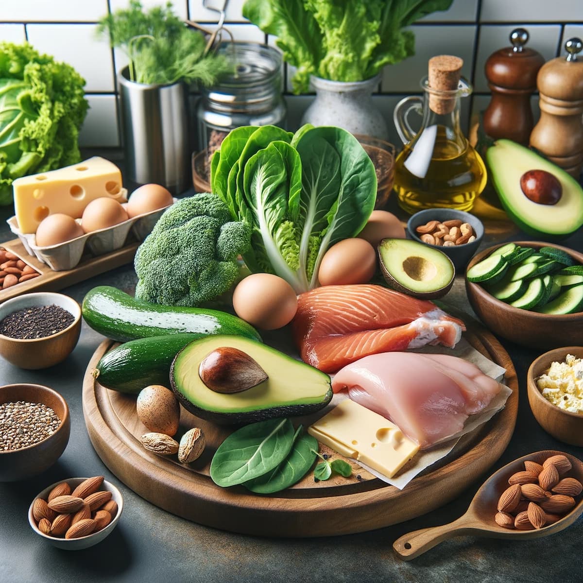 Prato saudável com ovos, abacate e salada, representando um cardápio low carb