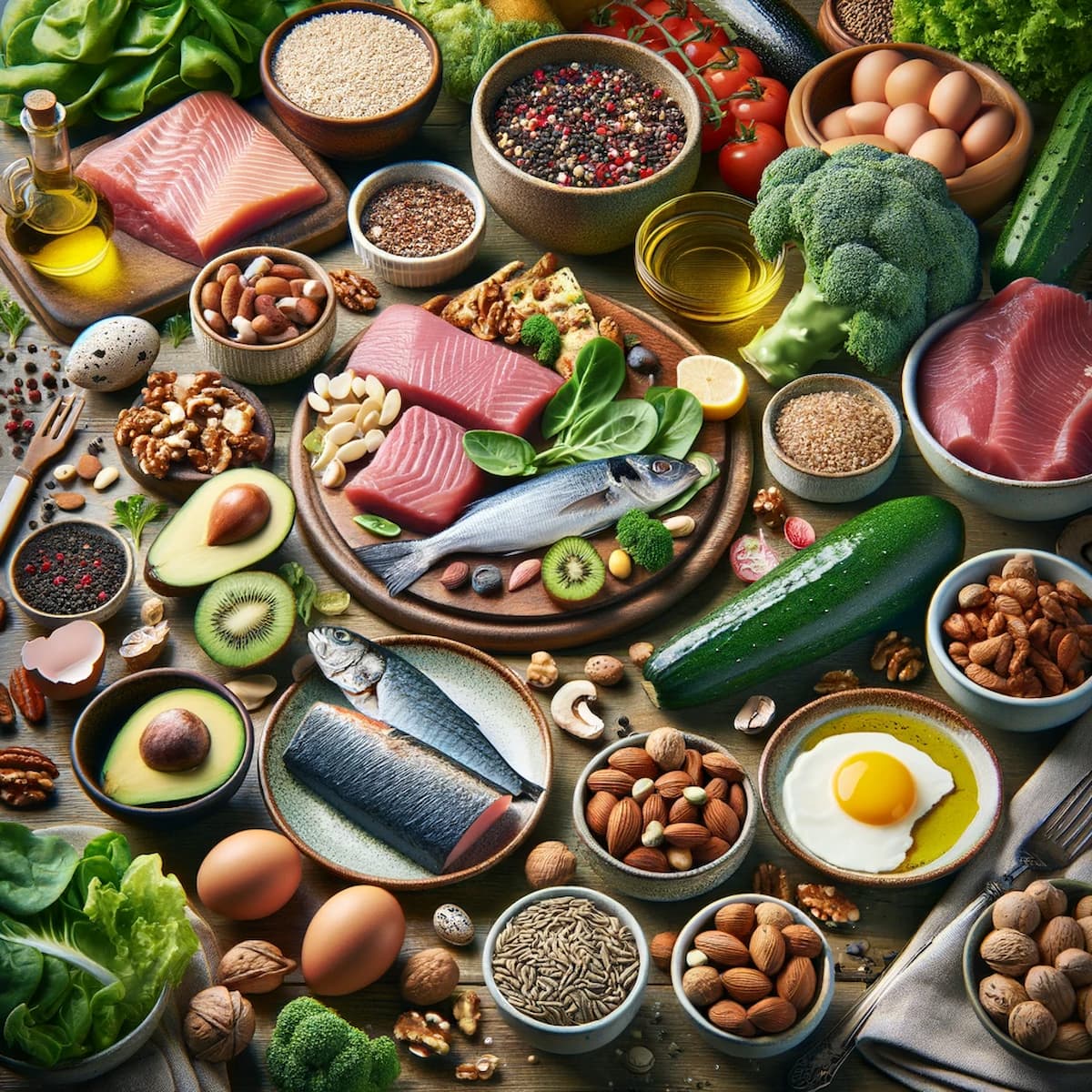 Prato colorido e saudável com alimentos da dieta low carb, como vegetais, carnes magras e gorduras saudáveis.