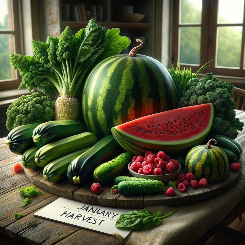 Sete alimentos saudáveis para o cardápio de janeiro, incluindo abobrinha, couve, coco, melancia, pepino, maracujá e framboesa.