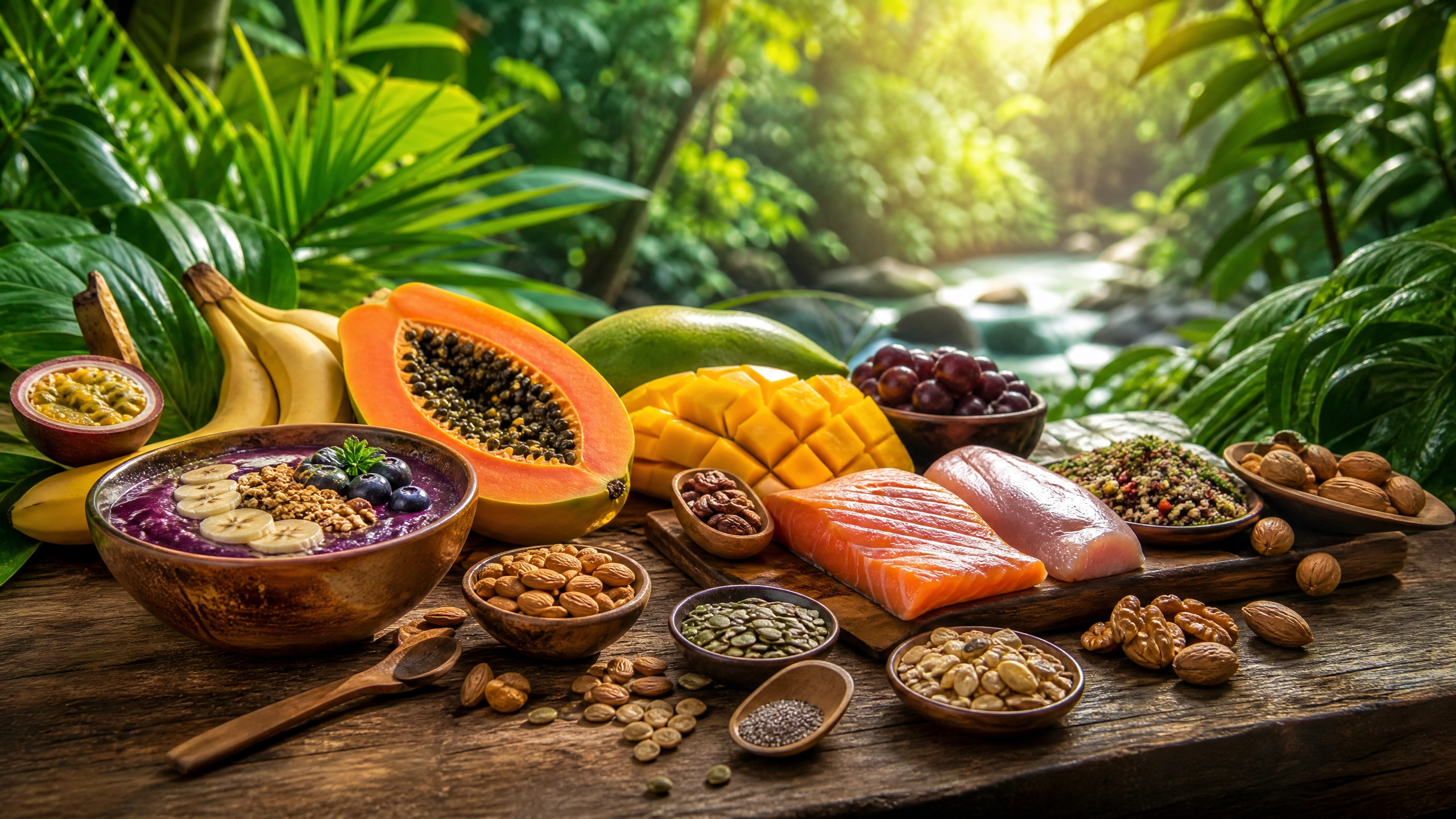 Alimentos naturais e frescos em uma mesa, representando a dieta da selva com vegetais, frutas, e proteínas magras.