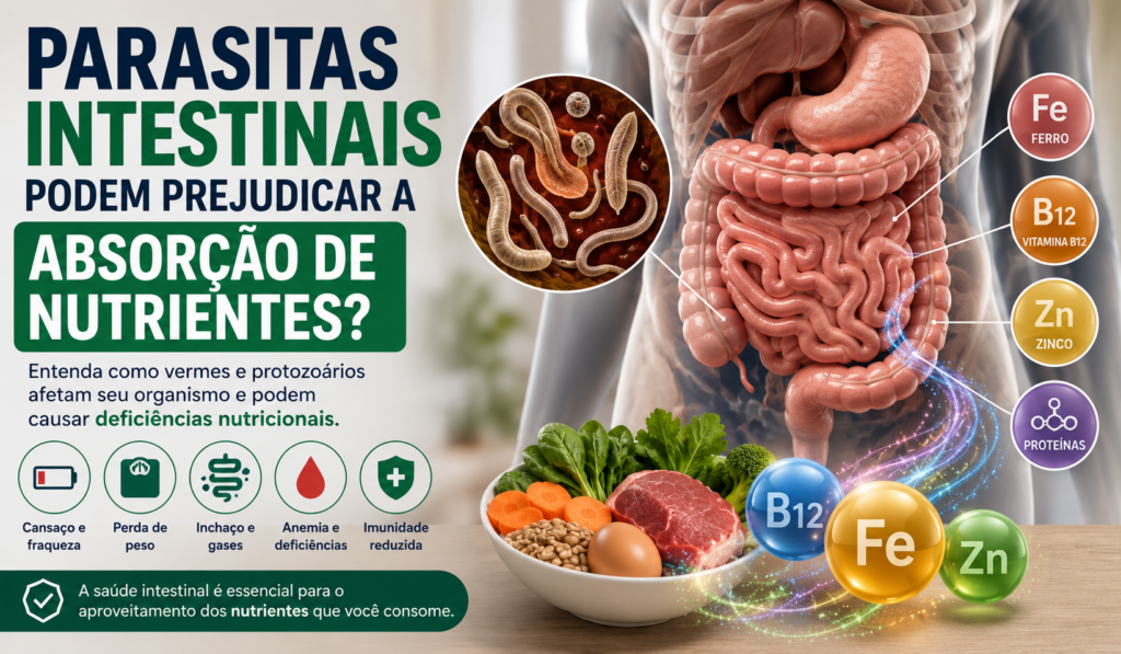 Ilustração sobre parasitas intestinais afetando a absorção de nutrientes e a saúde digestiva