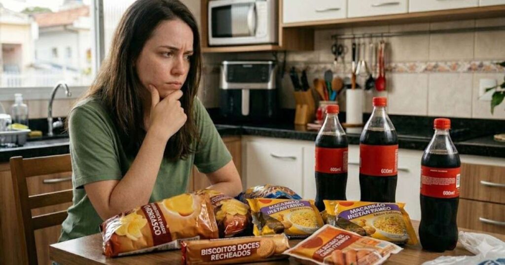 Diversos alimentos ultraprocessados, incluindo refrigerantes, salgadinhos e biscoitos recheados.