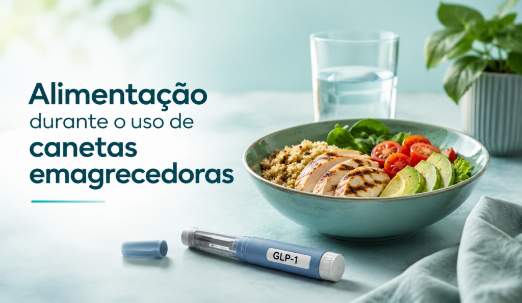 Prato saudável ao lado de uma caneta emagrecedora representando a alimentação durante o uso de medicamentos como Ozempic e Mounjaro.