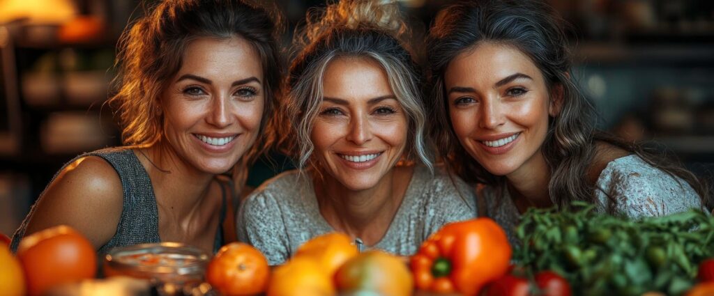 Prato com alimentos saudáveis como aves, peixes, legumes e grãos, representando a dieta ideal para mulheres na menopausa