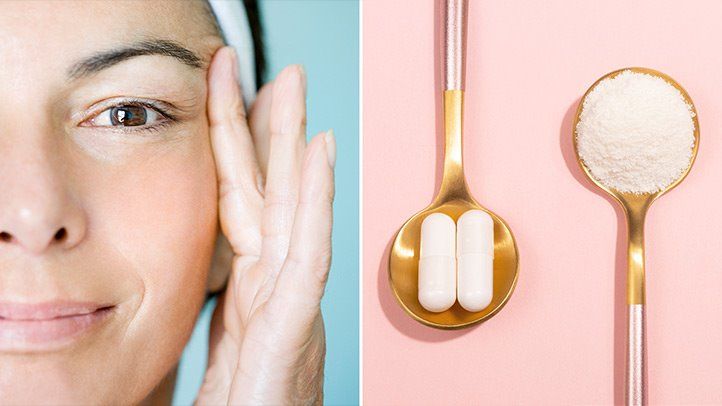 Suplementação de colágeno em destaque com frascos de suplementos e ingredientes naturais